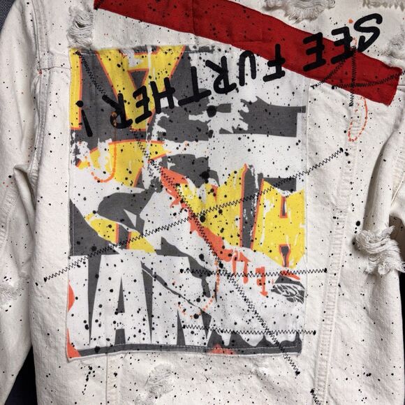 Zara Man Graffiti Paint Splatter Denim Jacket White Streetwear 80s Vibe - Picture 3 of 16